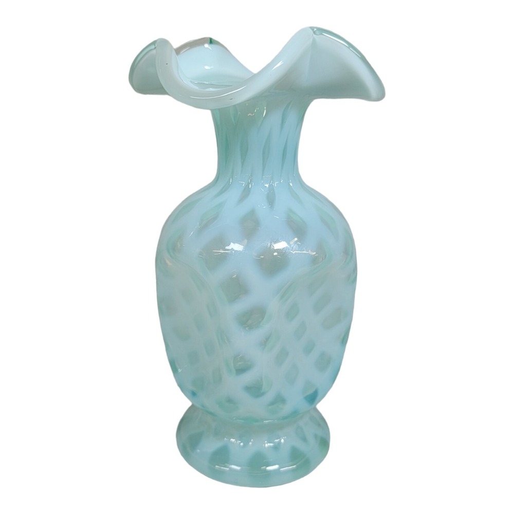 Fenton Optic Trellis Pinch Vase Hand Blue vtg diamond